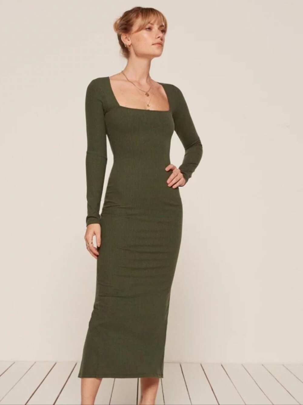 Reformation Green Midi Dress Knit Ribbed Square Neck Wendall Size XS